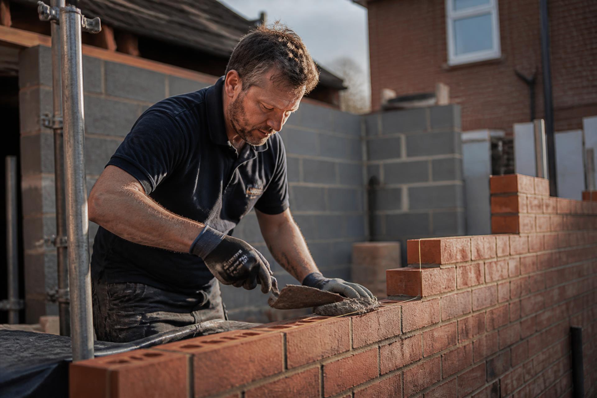 Bricklayer from Derby Brickwork Ltd laying a red brick wall on a house extension