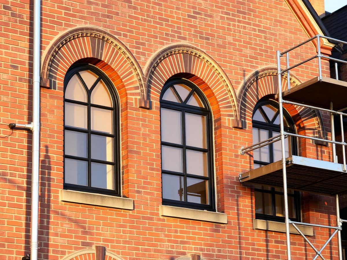 Restored period brick facade with arched heads
